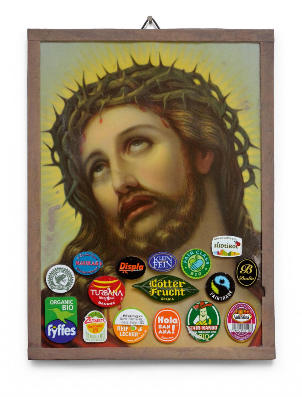 Götterfrucht, 2017,Kunstdruck, Glas, Naßklebeband, Fruchtaufkleber,24 x 18 cm