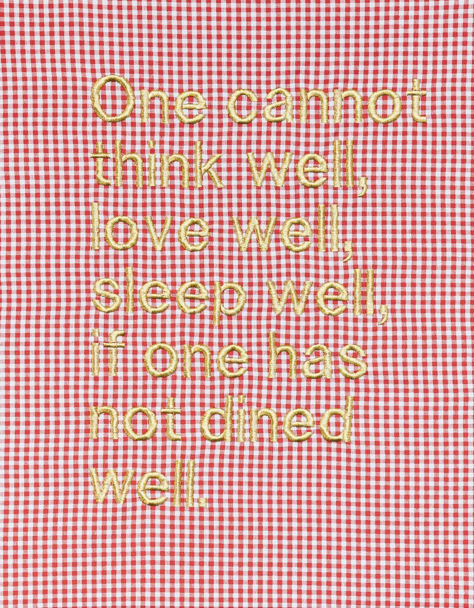 One cannot, 2019,mit goldenem Garn besticktes Geschirrhandtuch auf Keilrahmen