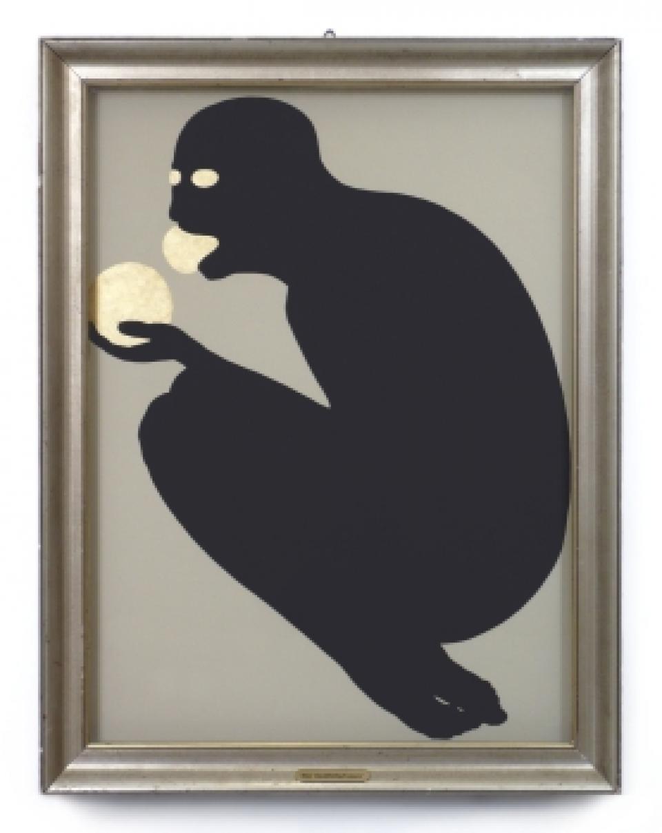 Der Goldbällefresser III, 2007,acrylic, gold leaf in glazed showcase,79 x 61 x 6 cm