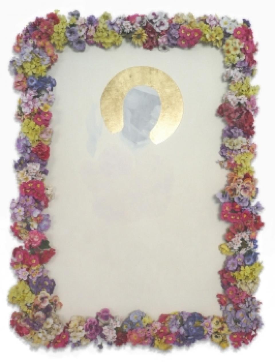 Heiligenbild IV, 2005,acrylic, gold leaf on canvas, artificial flowers,ca. 135 x 95 cm