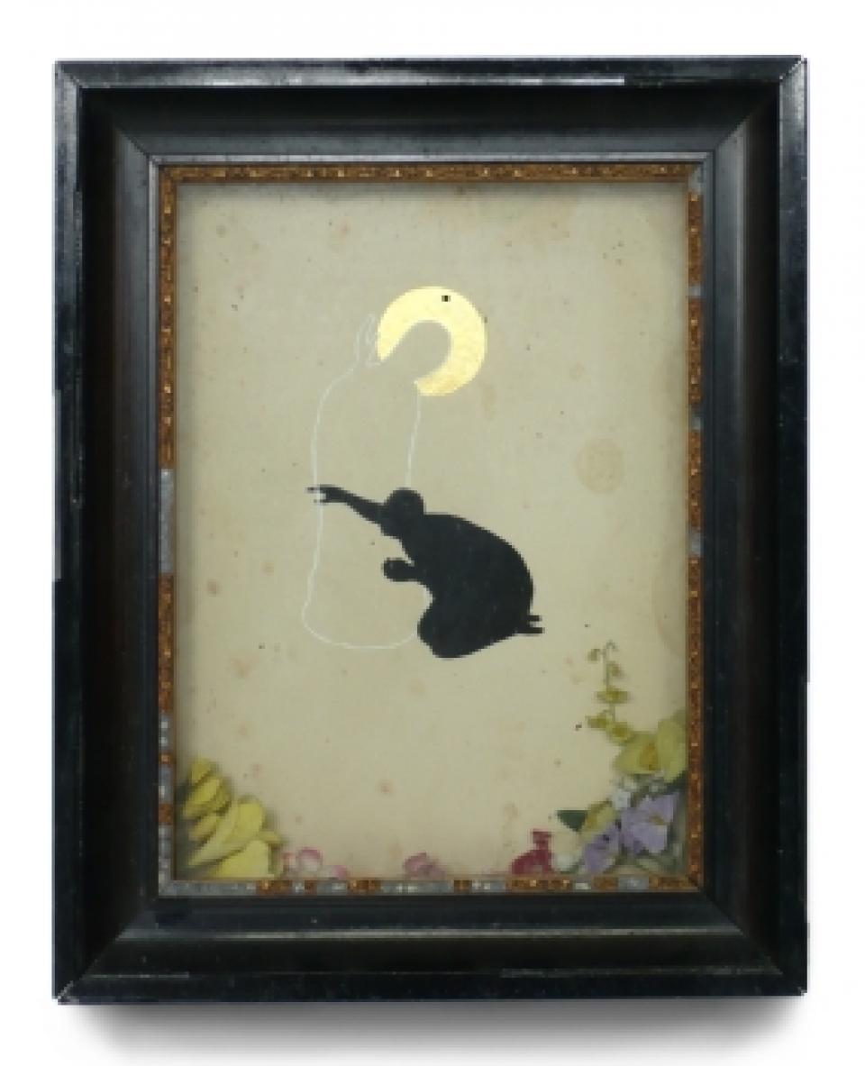 Heiligenschrein I, 2005,acrylic, decorative gold on hardboard, artificial flowers, glazed showcase,50 x 40 x 7 cm