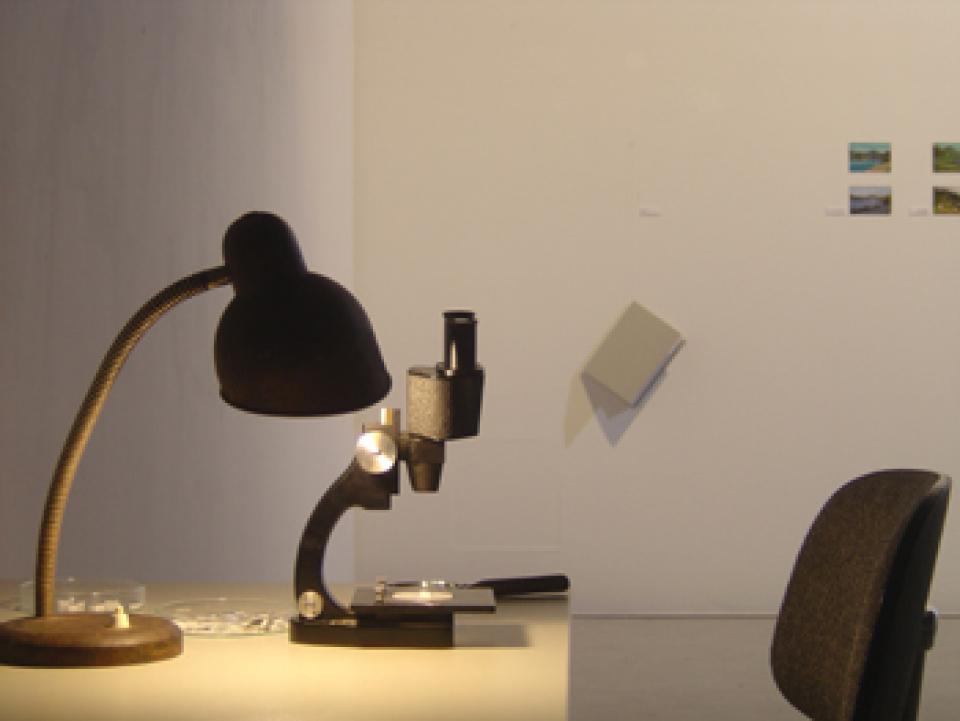 Vermessung # 02, 2008,Installation (Photos von Performances, Norwegen) / Bremen,Tisch, Lampe, Stuhl, Binokular, 50 Miniphotos, Petrischale, Pinzette, Lupe
