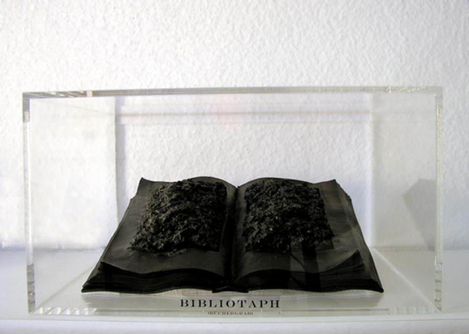  Worte, Worte, nichts als Worte  Bibliotaph,Buchobjekt im Plexiglaskasten