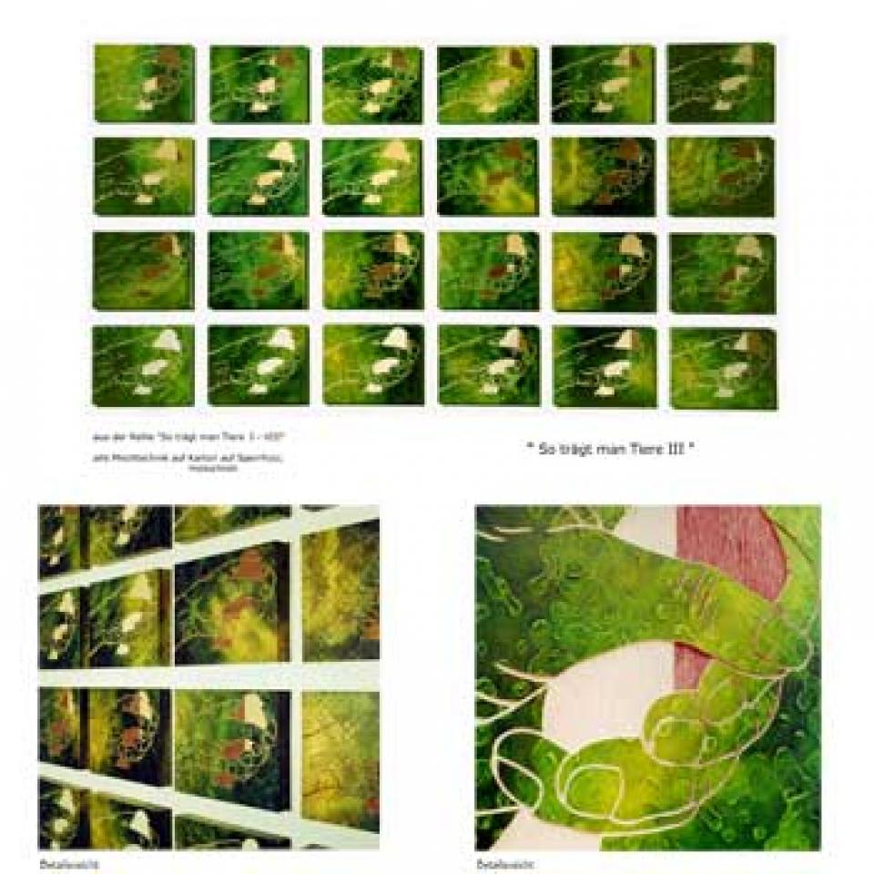 So trägt man Tiere V,mixed technique on wood, woodcut,110 cm x 200 x 3,5 cm