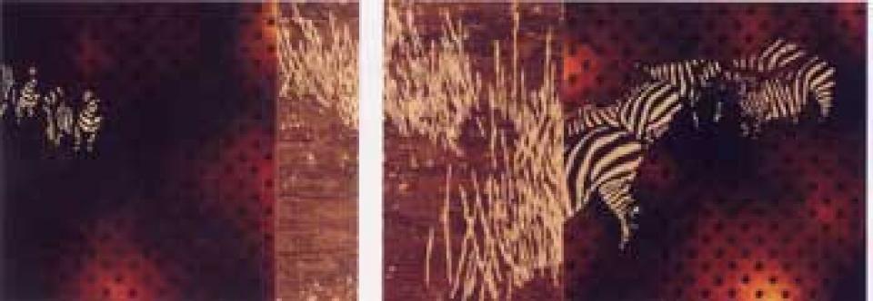 Zebras,mixed technique on wood, woodcut,85 x 246 x 4,5 cm